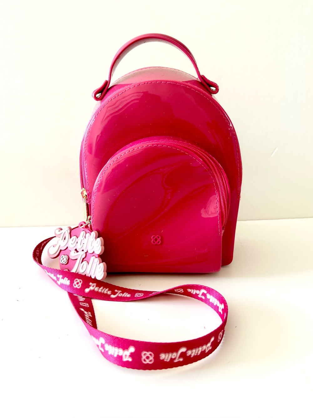 petite jolie Bright Pink Glossy Mini Backpack with Logo Strap